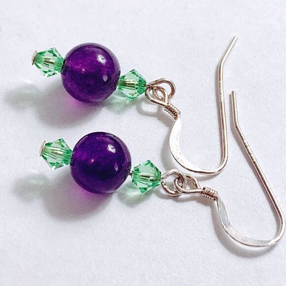 VTG Artisan Amethyst Gemstone Sterling Filled Swarovski Crystal Dangle Earrings - Picture 7 of 12
